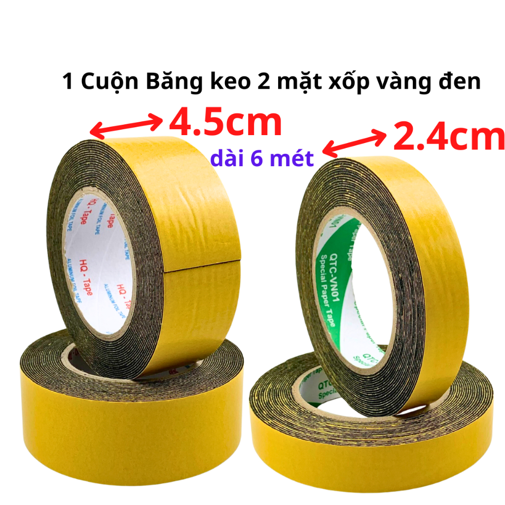 1 Cuộn băng keo 2 mặt xốp vàng đen, rộng 2.4cm - 4.5cm, dài 6 mét, lõi giấy 3mm - Siêu Thị Băng Keo