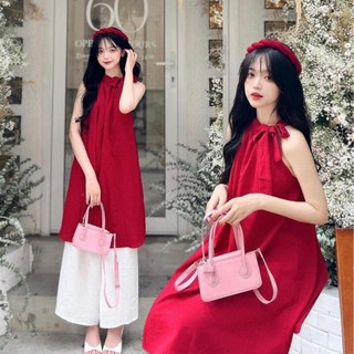 Set áo dài cách tân tết cổ yếm, áo dài đỏ tết cổ yếm nơ kèm quần suông trắng thiết kế đi chơi đi tiệc