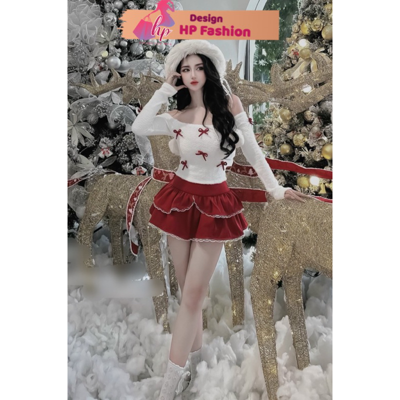 Set đồ noel tết áo trễ vải lông lông kèm chân váy tầng màu đỏ set đồ nữ kiểu tôn dáng sang chảnh G650