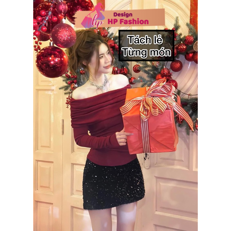 Set áo trễ vai dài tay kèm chân váy kim sa chữ A màu đỏ noel tết set đồ nữ tôn dáng sang chảnh G644