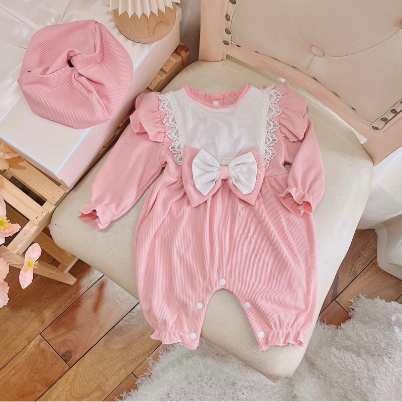 (Kèm mũ nồi) Body thu đông cho bé gái từ sơ sinh (3-11kg) dài thân màu hồng nơ kép chất len nhung