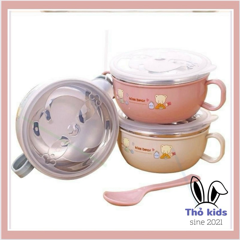 Bát Ăn Dặm Inox 2 lớp Cách Nhiệt Cho Bé Có Tay Cầm Nắp Đậy Kèm Thìa Muỗng, Chén ăn cháo, Bát Ăn Cơm Cho Trẻ Em