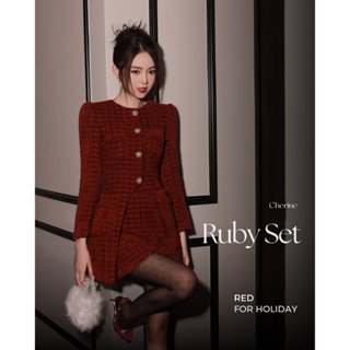 RUBY SET - set nữ dạ tweet màu đỏ đô sang trọng, thiết kế lạ mắt xu hướng thu đông by Cherine