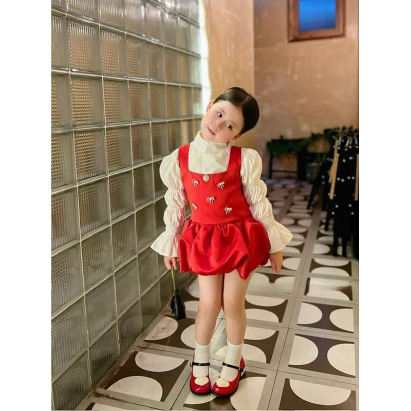 Set váy nhung phồng kèm áo sơ mi tay nhún cho bé gái 10-30kg