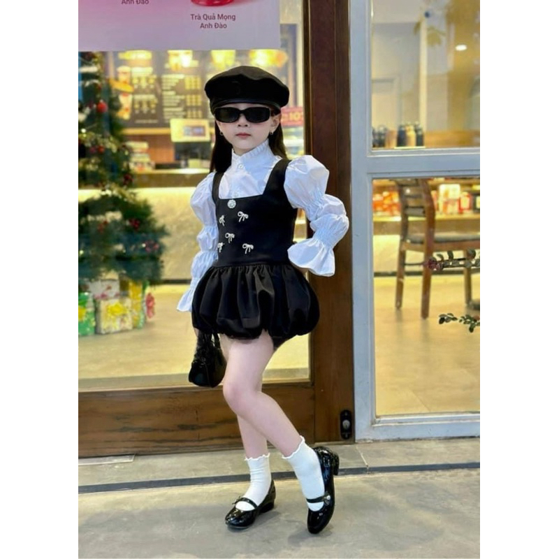 Set váy nhung phồng kèm áo sơ mi tay nhún cho bé gái 10-30kg