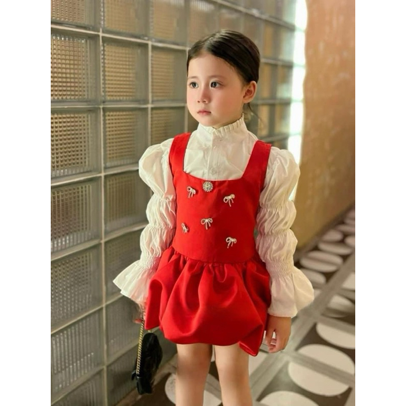 Set váy nhung phồng kèm áo sơ mi tay nhún cho bé gái 10-30kg