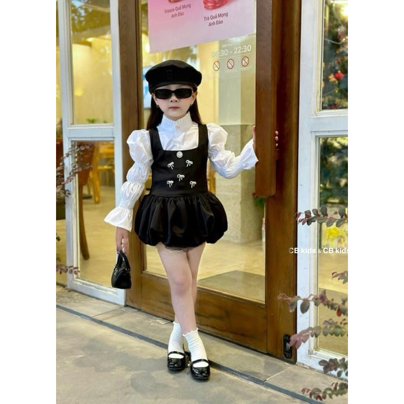 Set váy nhung phồng kèm áo sơ mi tay nhún cho bé gái 10-30kg