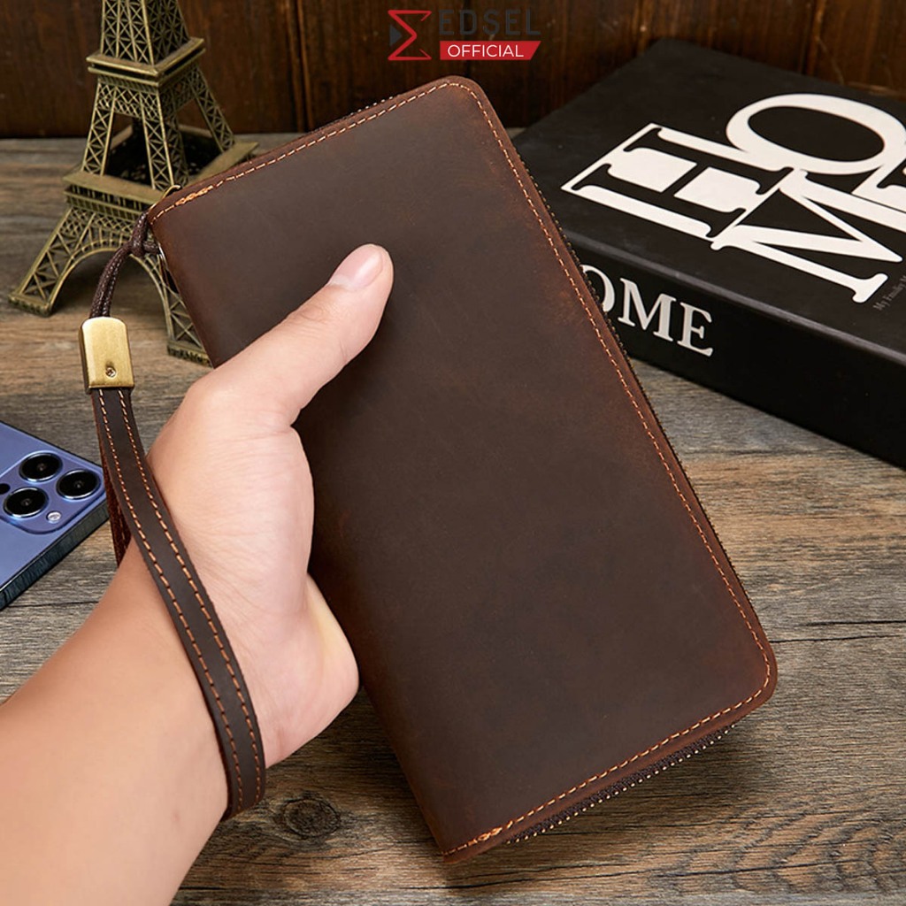 Ví cầm tay nam nữ da bò sáp thật cao cấp chính hãng Edsel dài nhiều ngăn đựng điện thoại, thẻ atm, tiền