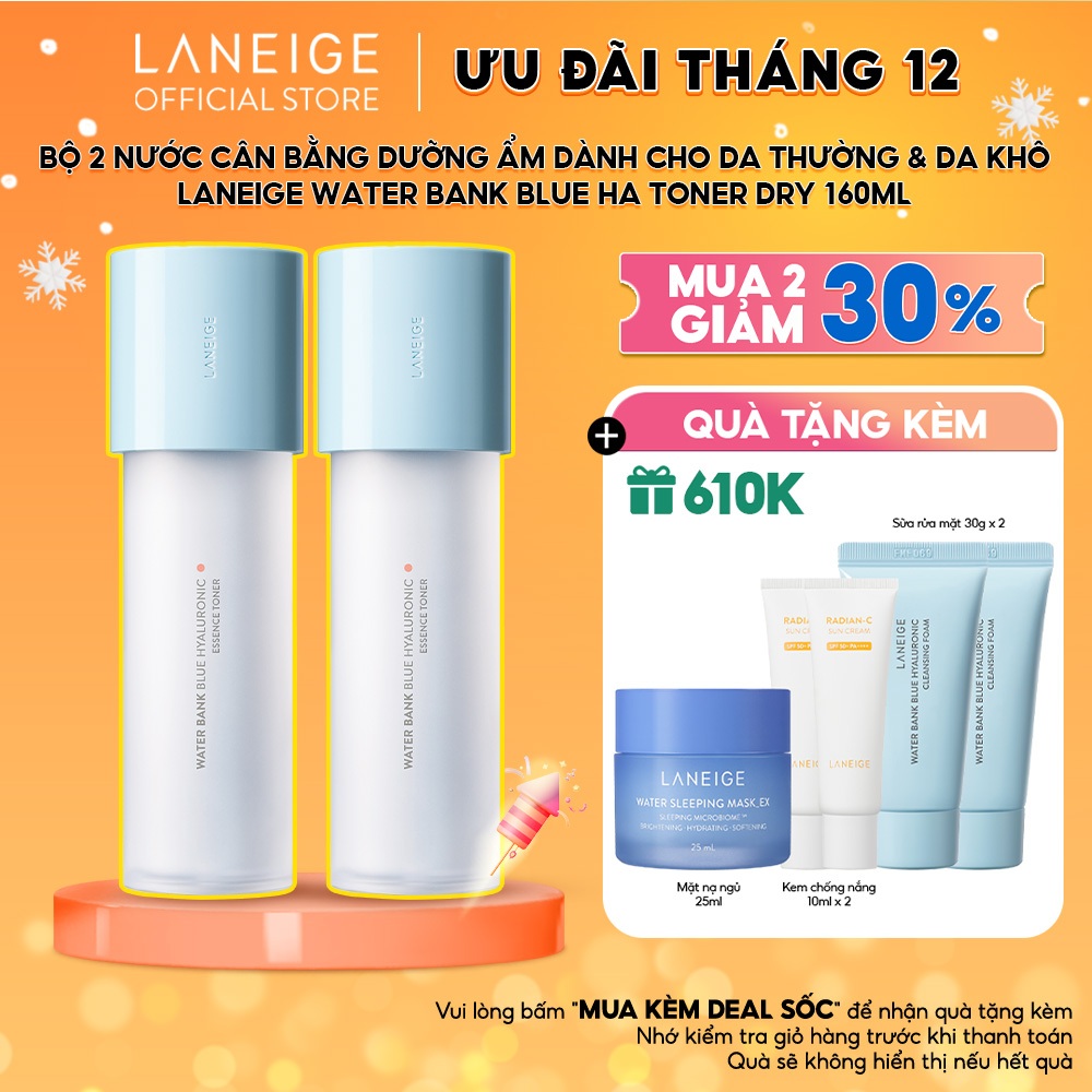 [Độc quyền SBD 2023] Toner Dưỡng Ẩm Phục Hồi Bảo Vệ Da Laneige Water Bank Blue HA Toner 160ml x2 Cho Da Thường & Khô