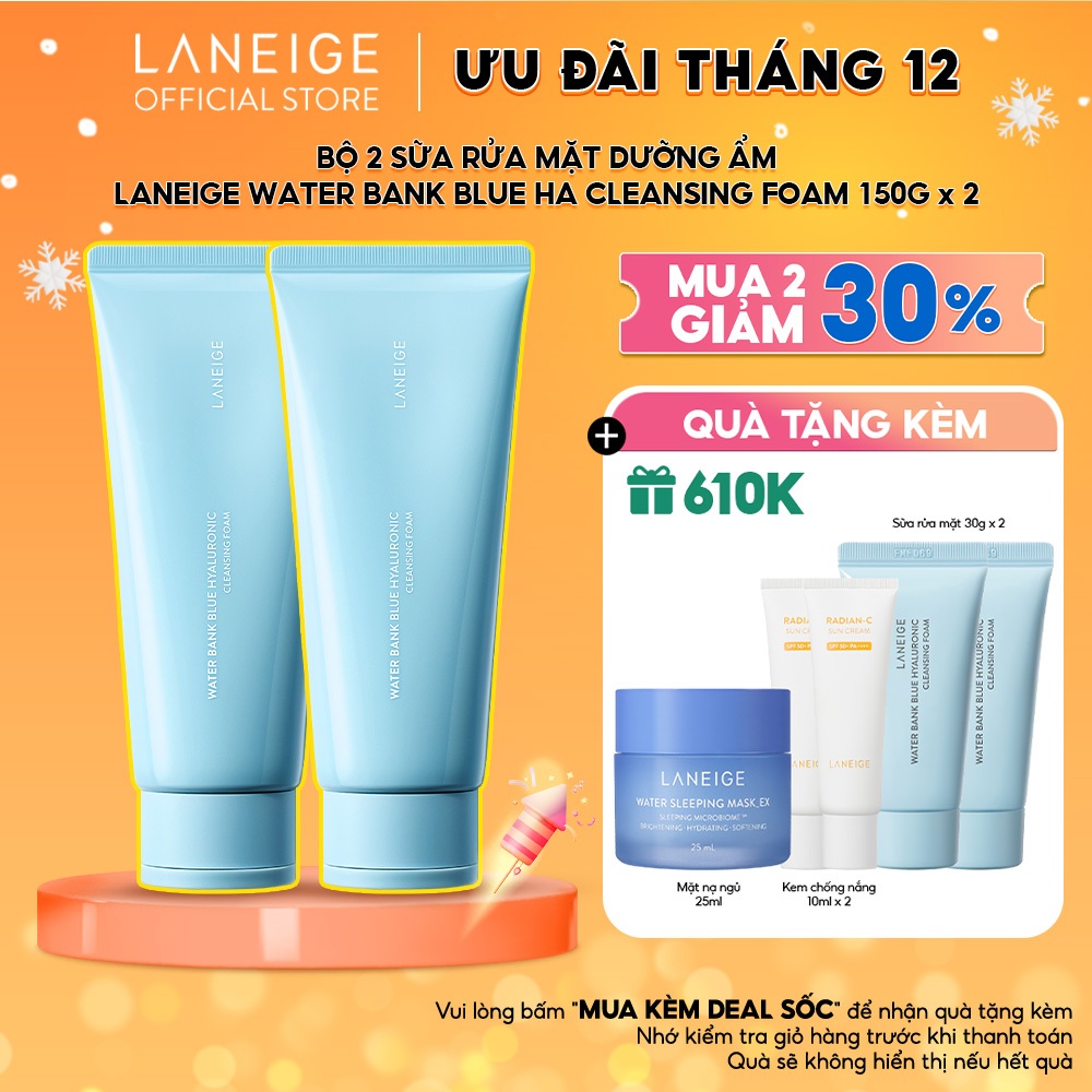 [NHẬP COSLAN3 -100K] [Độc quyền SBD 2023] Bộ 2 Sữa Rửa Mặt Dưỡng Ẩm Laneige Water Bank Blue HA Cleansing Foam 150gx2