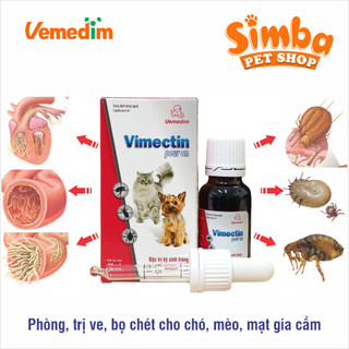 Vimectin pour on, ve, bọ chét cho chó, mèo, chim cảnh, gia cầm, chai 20ml -Simba