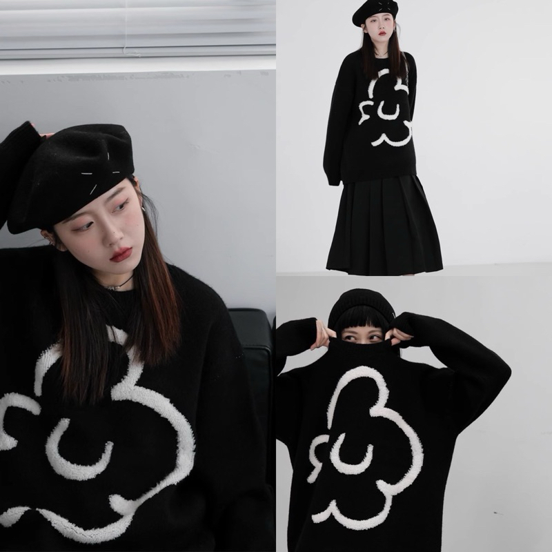SẴN Áo len màu đen sweater dài tay hoa trắng to nổi bật dáng dài oversize siêu xinh cá tính Retro