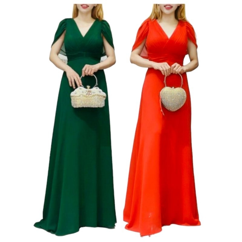 Đầm dạ hội trung niên choàng vai sang trọng, Đầm dự tiệc trung niên dáng cape dress dài khoác vai cao cấp