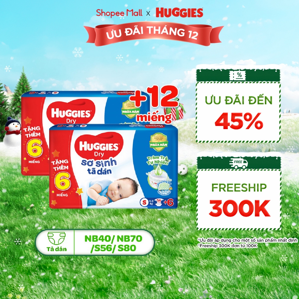 Combo 2 Tã dán sơ sinh Tràm Trà Tự Nhiên Huggies NB40/NB70/S54/S80