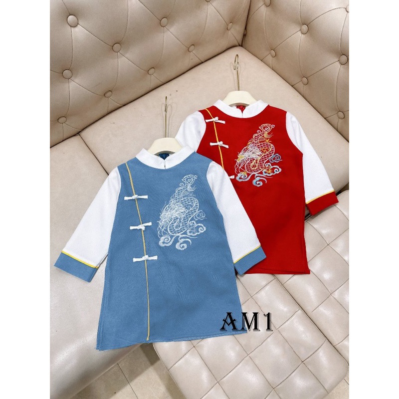 Áo dài cách tân tết nhung lì hình hạc - rồng cho bé trai