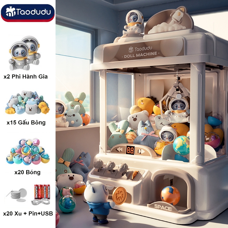 Máy Gắp Thú Mini Phi Hành Gia Kích Thước Lớn Có Nhạc Và Đèn Kèm Xu Đếm Thời Gian, Có Sẵn Nhiều Thú Bông Cho Trẻ Em