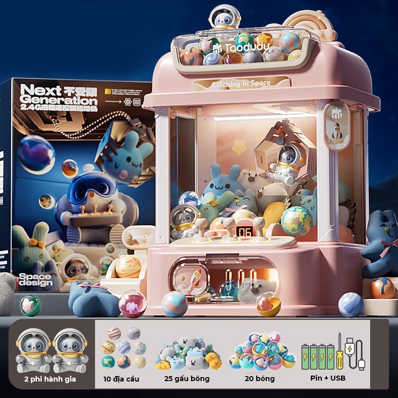 Máy Gắp Thú Mini Phi Hành Gia Kích Thước Lớn Có Nhạc Và Đèn Kèm Xu Đếm Thời Gian, Có Sẵn Nhiều Thú Bông Cho Trẻ Em