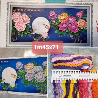Tranh thêu hoa mẫu đơn dưới trăng