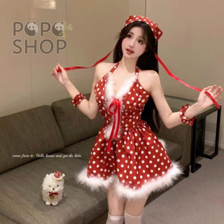 Váy dây đỏ chấm bi phối lông phong cách baby nữ tính, thu hút