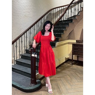  Đầm Linen xanh dương / Đỏ cổ vuông xếp ly ngực phối tay lồng đèn - Lovadova 23D09C001