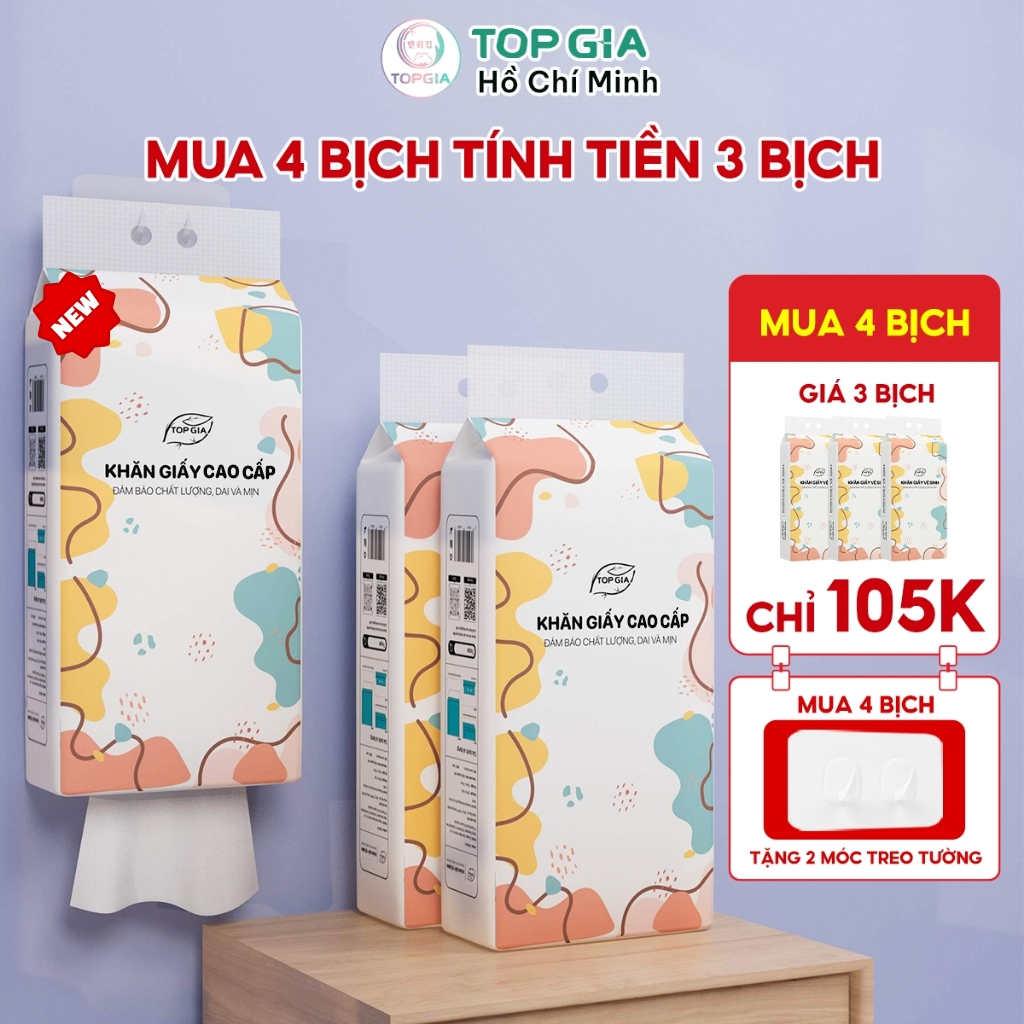 Khăn giấy rút Top Gia treo tường đa sắc 1280 tờ, dập vân 4D, siêu dai và mềm mịn