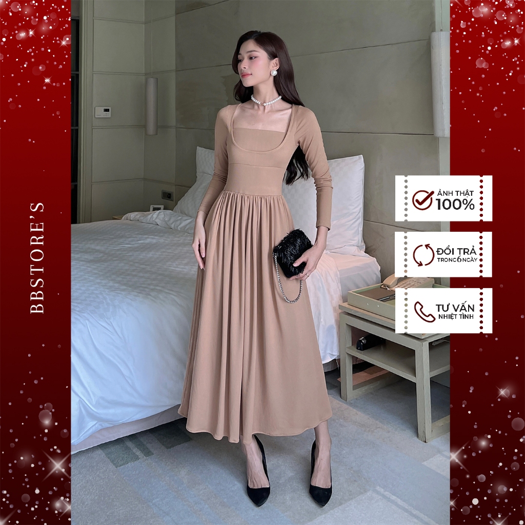 Đầm Xòe Thun Tay Dài Dự Tiệc Sang Trọng (không kèm tag hoa) BBSTORE'S - D2681