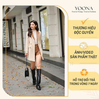 Áo khoác mangto da lộn màu be phối cổ nâu phong cách YOONA - YD22A224