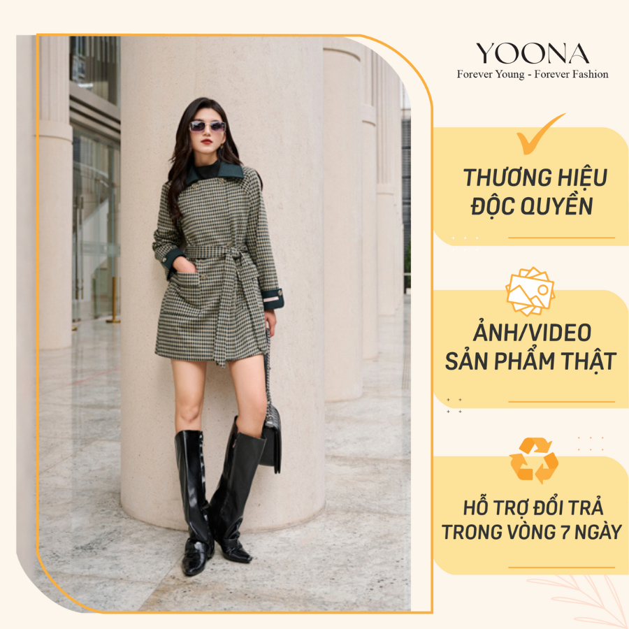 Áo khoác dạ mangto kẻ ô dáng lửng kèm đai nữ tính YOONA - YD22S230