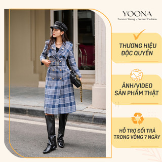 Áo khoác măng tô dạ dáng dài kẻ xanh to bản kèm đai thanh lịch YOONA - YD23A215