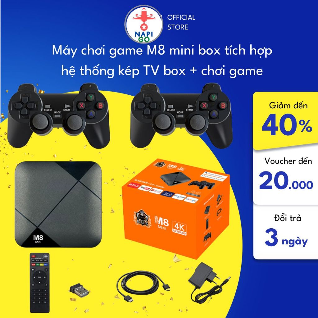 Máy Chơi Game M8 Mini Kết Nối Wifi hd 4k Cho android TV 10 s905 64gb 10000 game 4g