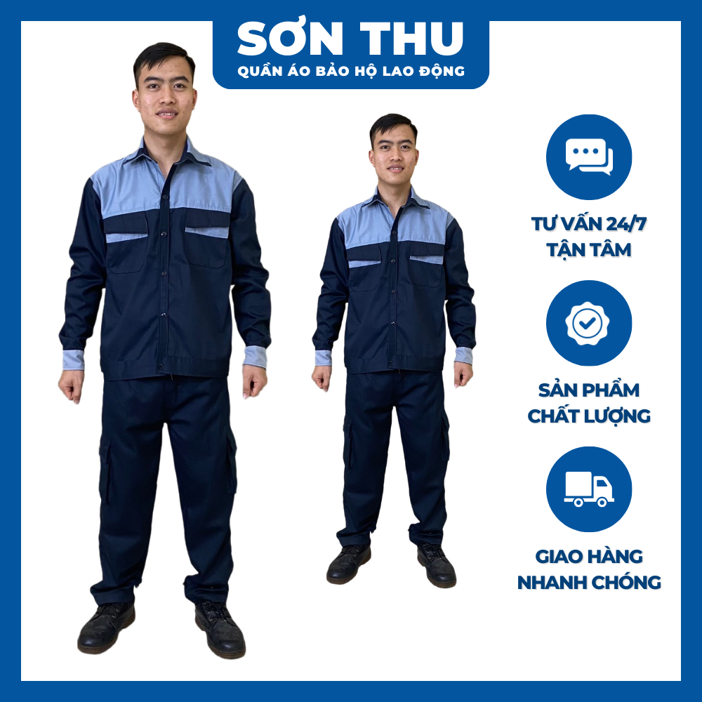 Bộ Quần Áo Bảo Hộ Màu Đen Phối Xanh Vải Kaki Bền Đẹp, Thấm Hút Tốt Cho Công Nhân, Kỹ Sư [M10]