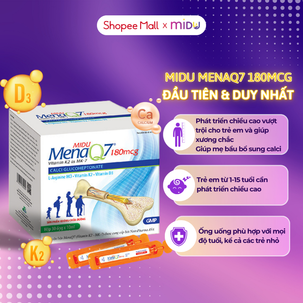 Tăng chiều cao Midu MenaQ7 180mcg bổ sung canxi, vitamin d3k2 giúp xương chắc, dài, dẻo dai