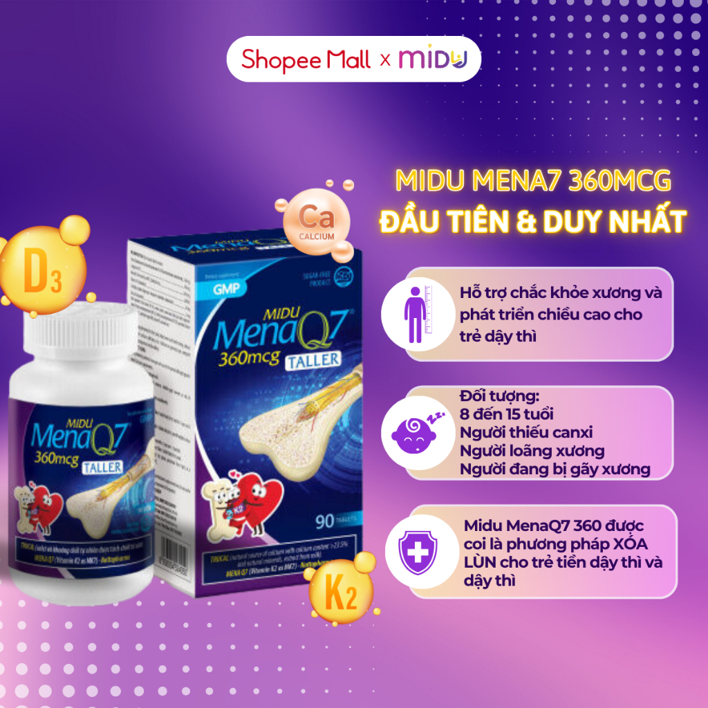 Viên uống tăng chiều cao Midu MenaQ7 360mcg hỗ trợ chắc khỏe xương và phát triển chiều cao cho trẻ dậy thì