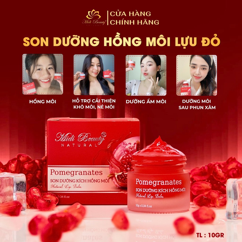 [TẶNG 5 MẶT NẠ] Son Dưỡng Hồng Môi Lựu Đỏ 10gr – Pomegranates Natural Lip Balm 10gr Midi Beauty