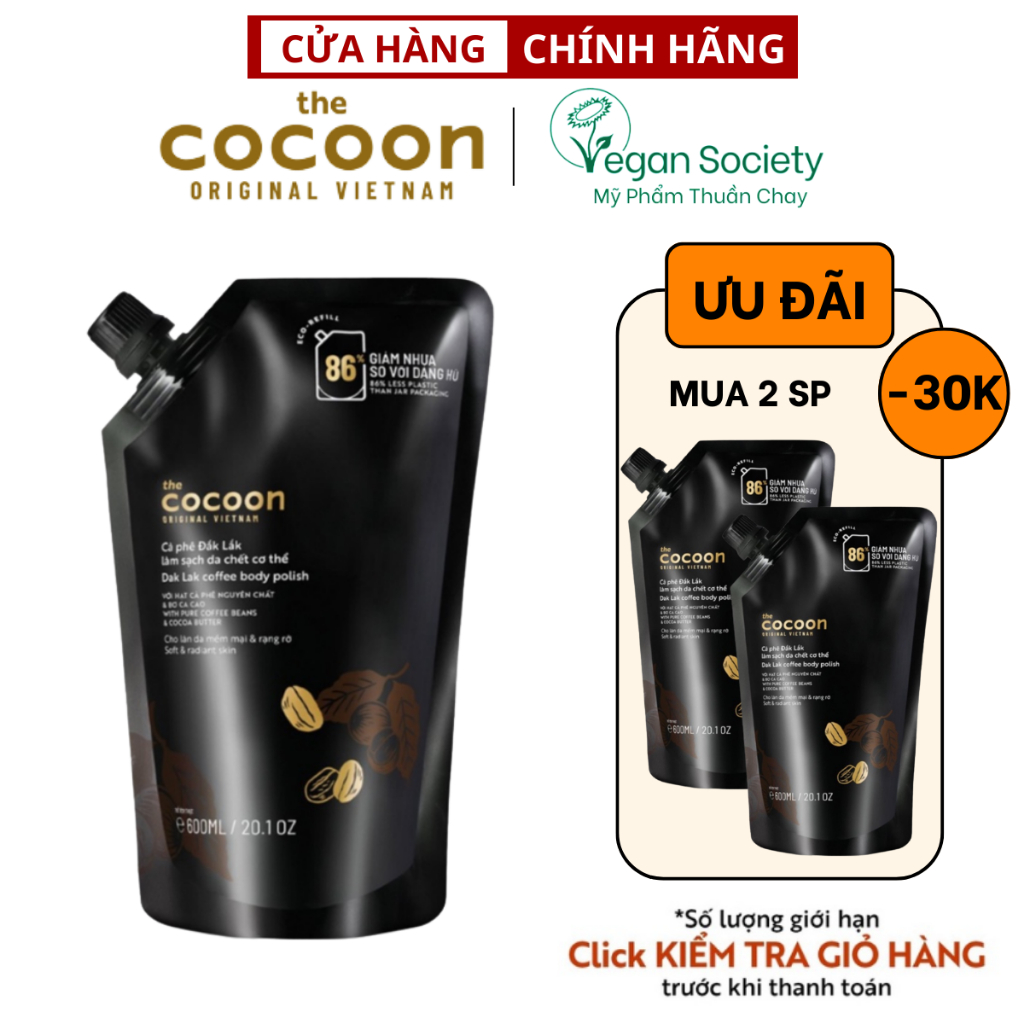 Tẩy da chết cơ thể body cà phê cocoon 600ml thuần chay Túi Refill Big size