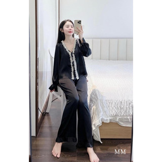 Sét đồ ngủ pijama cổ V phối ren chất lụa latin mềm mịn mát về 5 màu cột nơ xinh