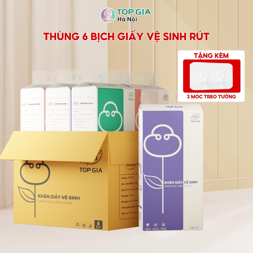 Khăn giấy vệ sinh Top Gia 3 màu thùng 6 bịch, giấy vệ sinh rút treo tường 1280 tờ, 4 lớp siêu dai, mềm mịn và tiện lợi