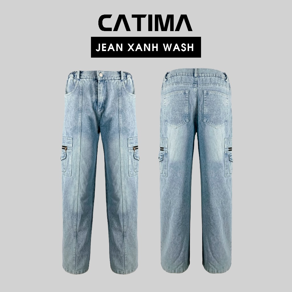 Quần jean unisex túi hộp 2 bên ống suông rộng CB02, Màu Silver Wash Denim khóa kéo - Cạp Bán Chun 2 bên Catima