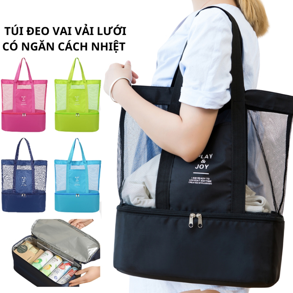 Túi lưới 2 tầng cách nhiệt đựng đồ đi biển, du lịch, đi chơi, dã ngoại đeo vai tiện lợi
