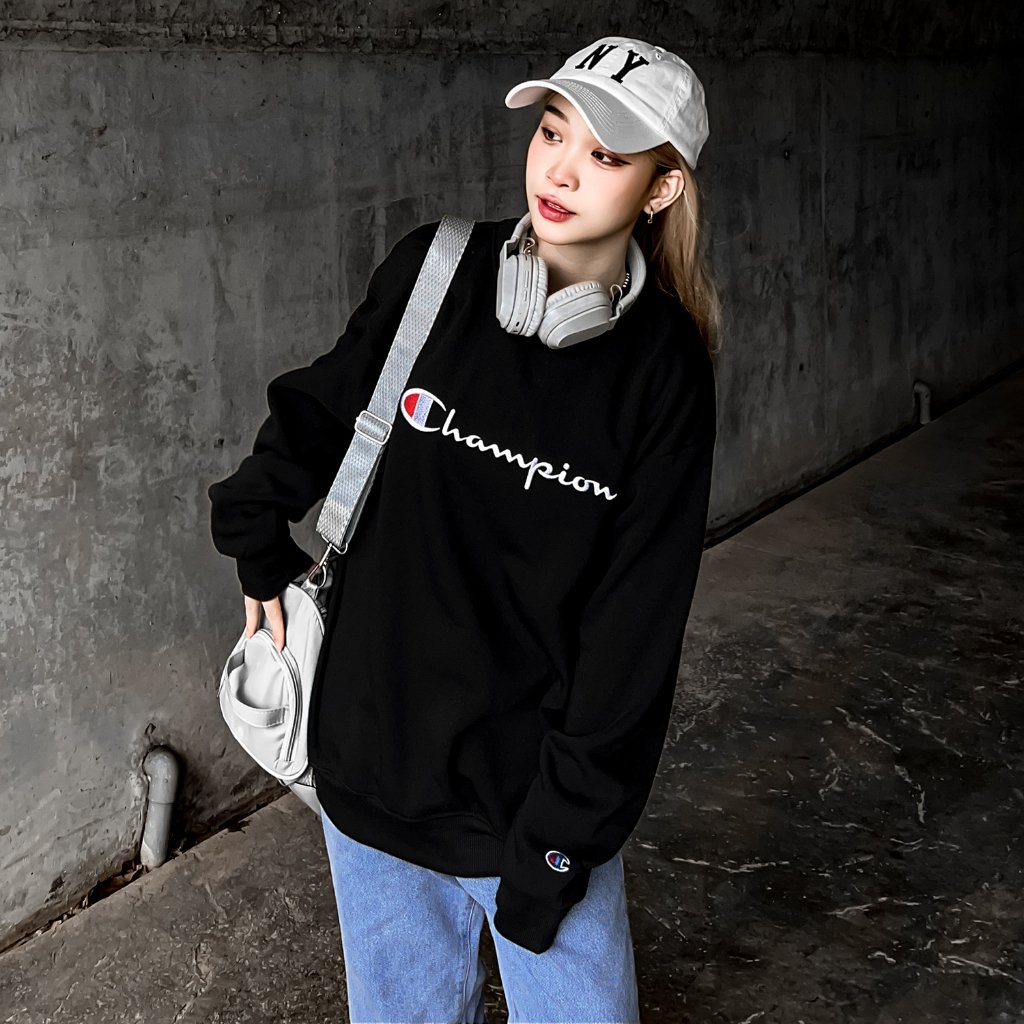 Áo Sweater from rộng unisex basic họa tiết in nổi CHAMPION nỉ cao cấp phong cách nam nữ mặc đều đẹp