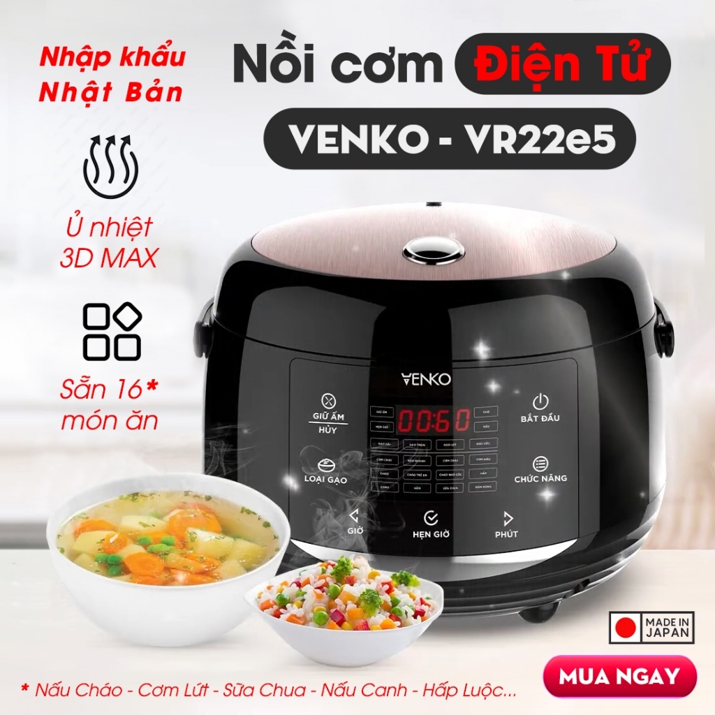 Nồi Cơm Điện Venko Lòng Gốm, Dung Tích 2,2L, Công Suất 850W, Bảng Điều Khiển Bằng Điện Tử Dễ Sử Dụng
