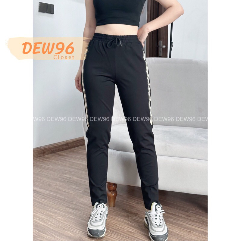 Quần jogger thể thao nữ lưng thun dây rút túi chéo phối sọc bó ống chất vải Umi Hàn co giãn đàn hồi