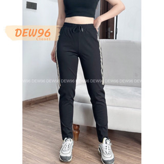  Quần jogger thể thao nữ lưng thun dây rút túi chéo phối sọc bó ống chất vải Umi Hàn co giãn đàn hồi 
