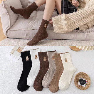 Vớ Dài Thời Trang Phong Cách Hàn Quốc, Cao Cấp Gân Sọc， Chất Liệu Thoáng Khí, Có họa tiết gấu dễ thương