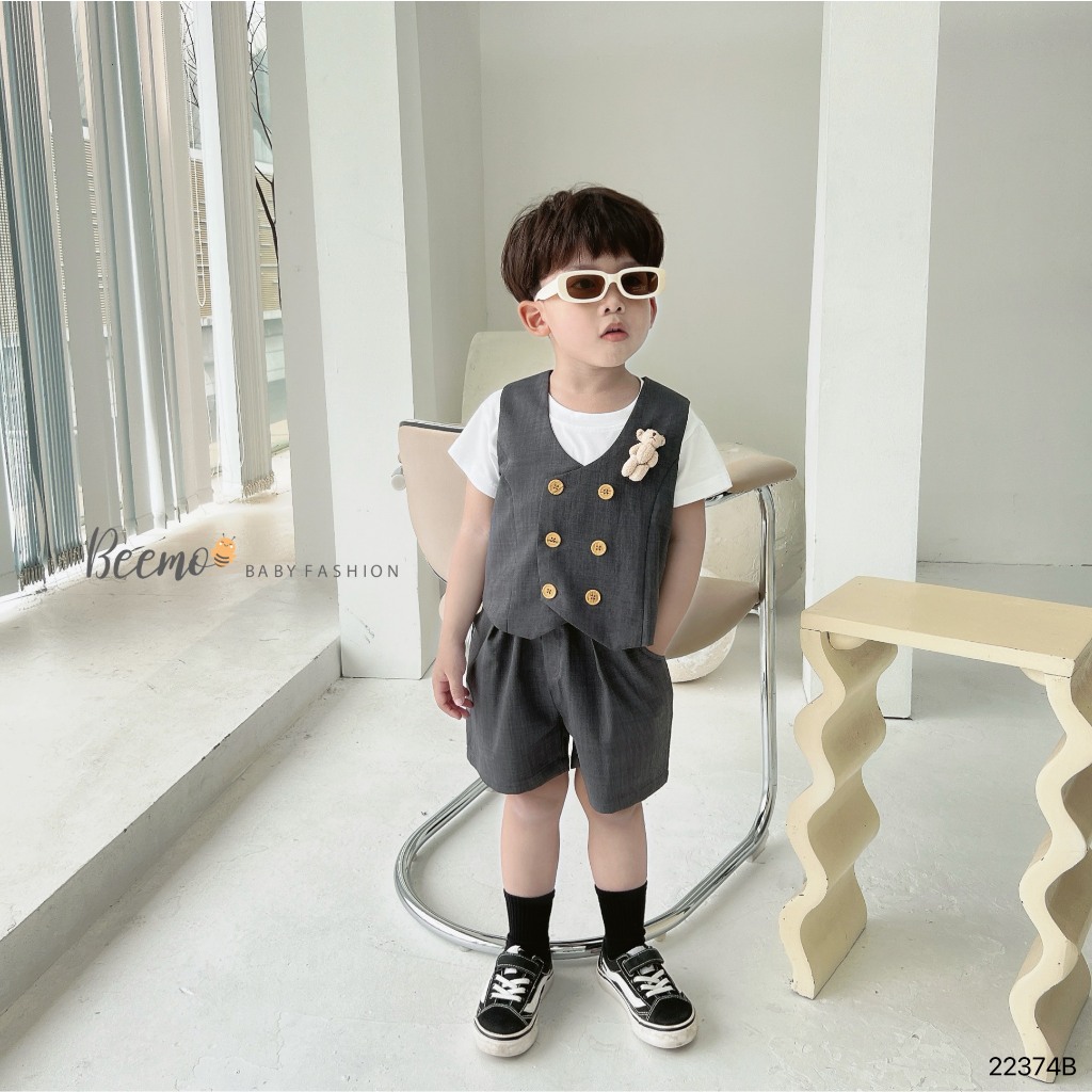 Set bộ vest cộc Beemo (không kèm áo trong) vải text hàn 6 khuy phối gấu mặc đi chơi, sự kiện cho bé 22374B