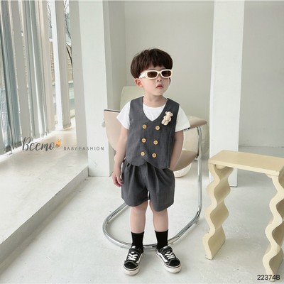 Set bộ vest cộc Beemo (không kèm áo trong) vải text hàn 6 khuy phối gấu mặc đi chơi, sự kiện cho bé 22374B