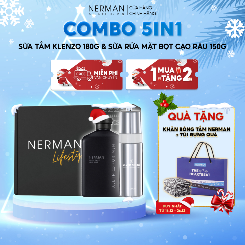 Combo 5 in 1 Nerman-Sữa tắm gội hương nước hoa cao cấp 3in1 180g&Sữa rửa mặt tạo bọt cạo râu 2in1 Nano bạc Silver Snow 1