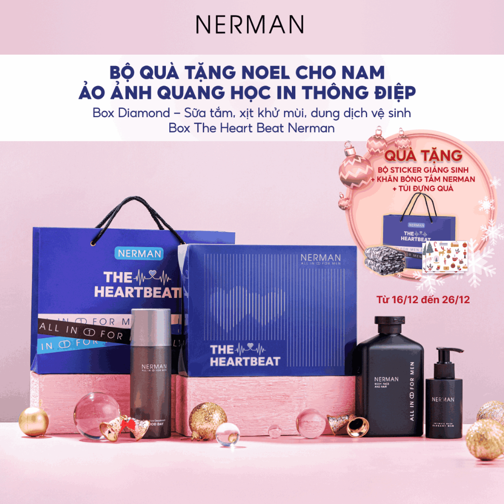 Bộ quà tặng Noel cho nam ảo ảnh quang học in thông điệp Nerman The Heart Beat-Sữa tắm 350g&DDVS 100ml&Xịt khử mùi 100ml