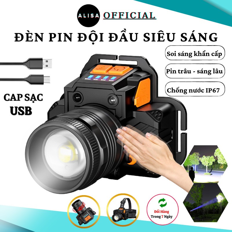Đèn Pin Chống Nước Đội Đầu Alisa Siêu Sáng Vỏ Kim Loại Zoom Xa Gần Bật Tắt Cảm Ứng Thích Hợp Đi Dã Ngoại