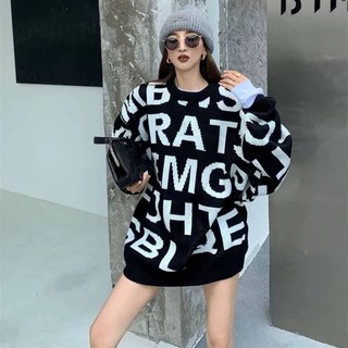 Áo len ulzzang from rộng họa tiết nhiều chữ chất len dày dặn cổ tròn hàng quảng châu loại 1- áo len hotrend 2023